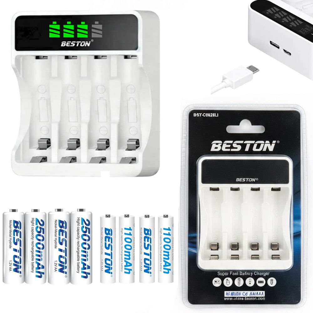 Kit Cargador Inteligente de Pilas + 4 AA y 4 AAA Ni-MH con Pantalla LCD 4 puestos