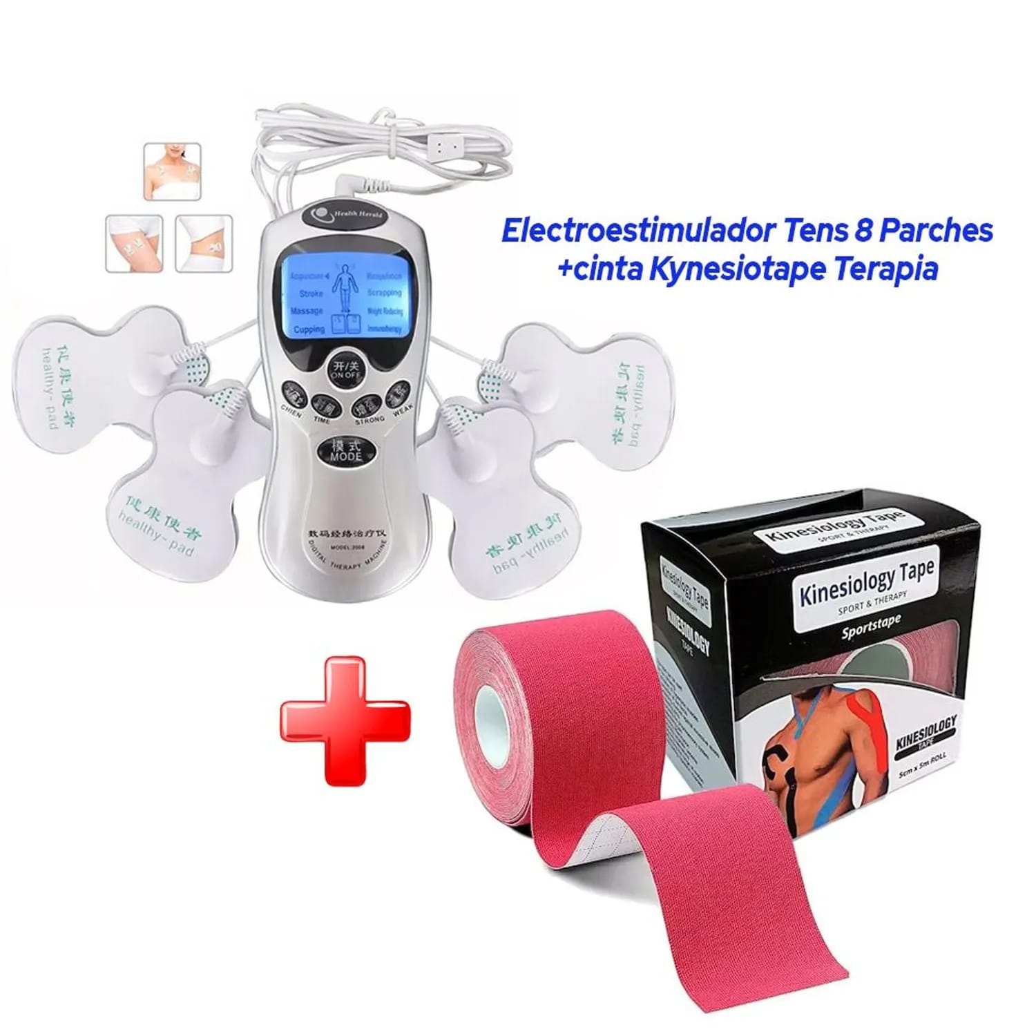 Electroestimulador Tens 8 Parches+cinta Kynesiotape Terapia