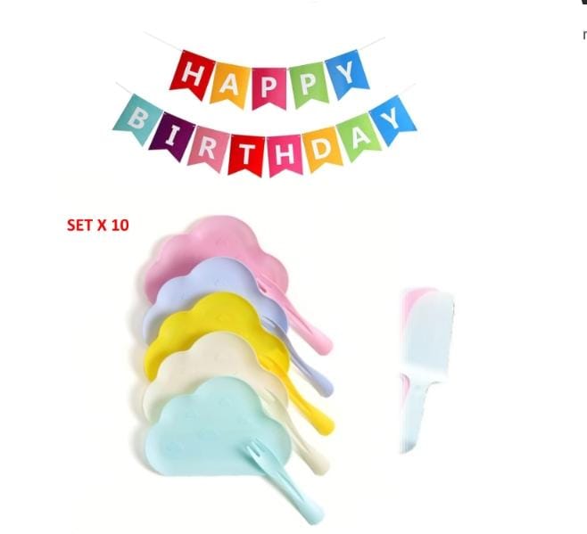 Set de Cumpleaños 10 Platos 10 Tenedores+ 2 Espátulas de Colores