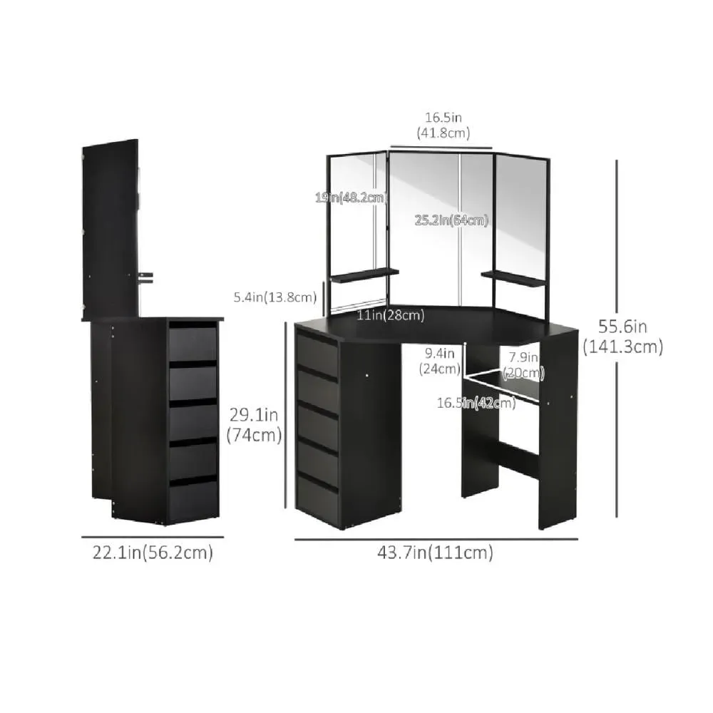 Tocador Esquinero TU MESITA Sigrid color Negro 3 espejos 5 cajones
