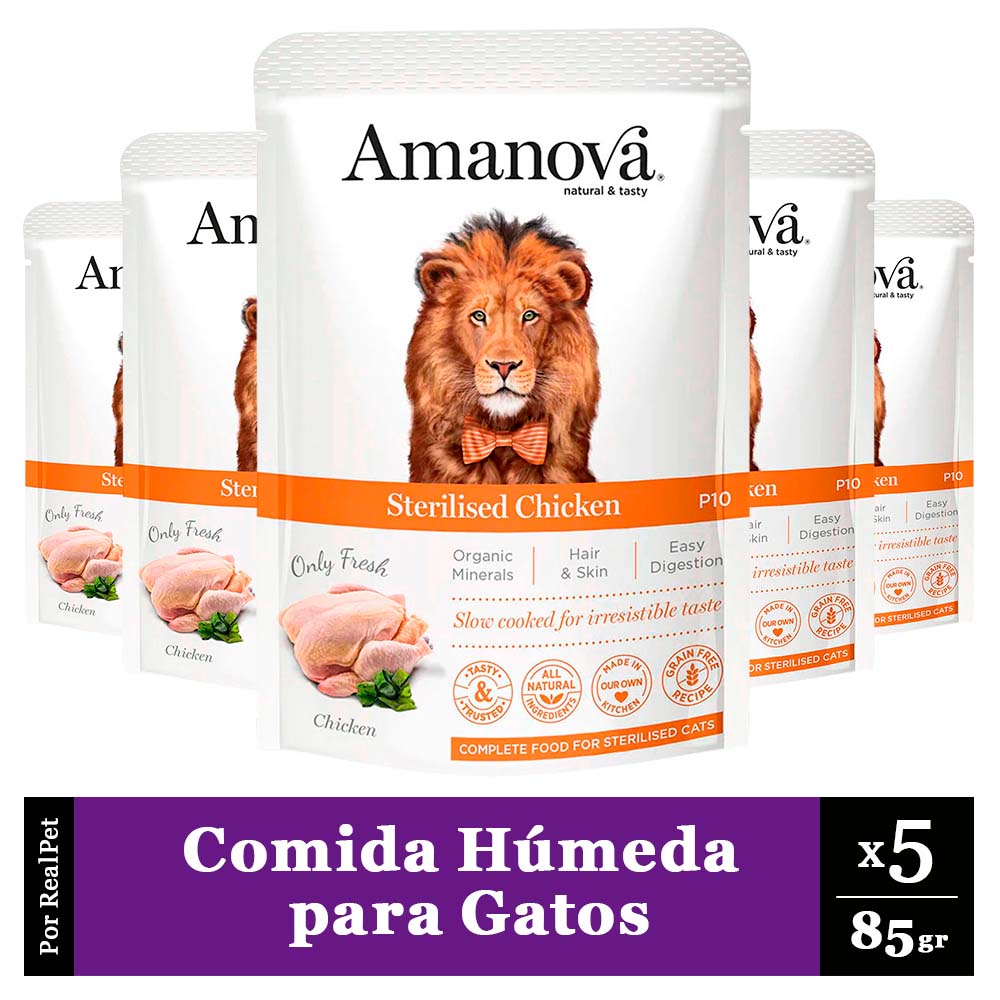 Pack x5 Comida Húmeda Gato Esterilizado Amanova Pollo 85gr