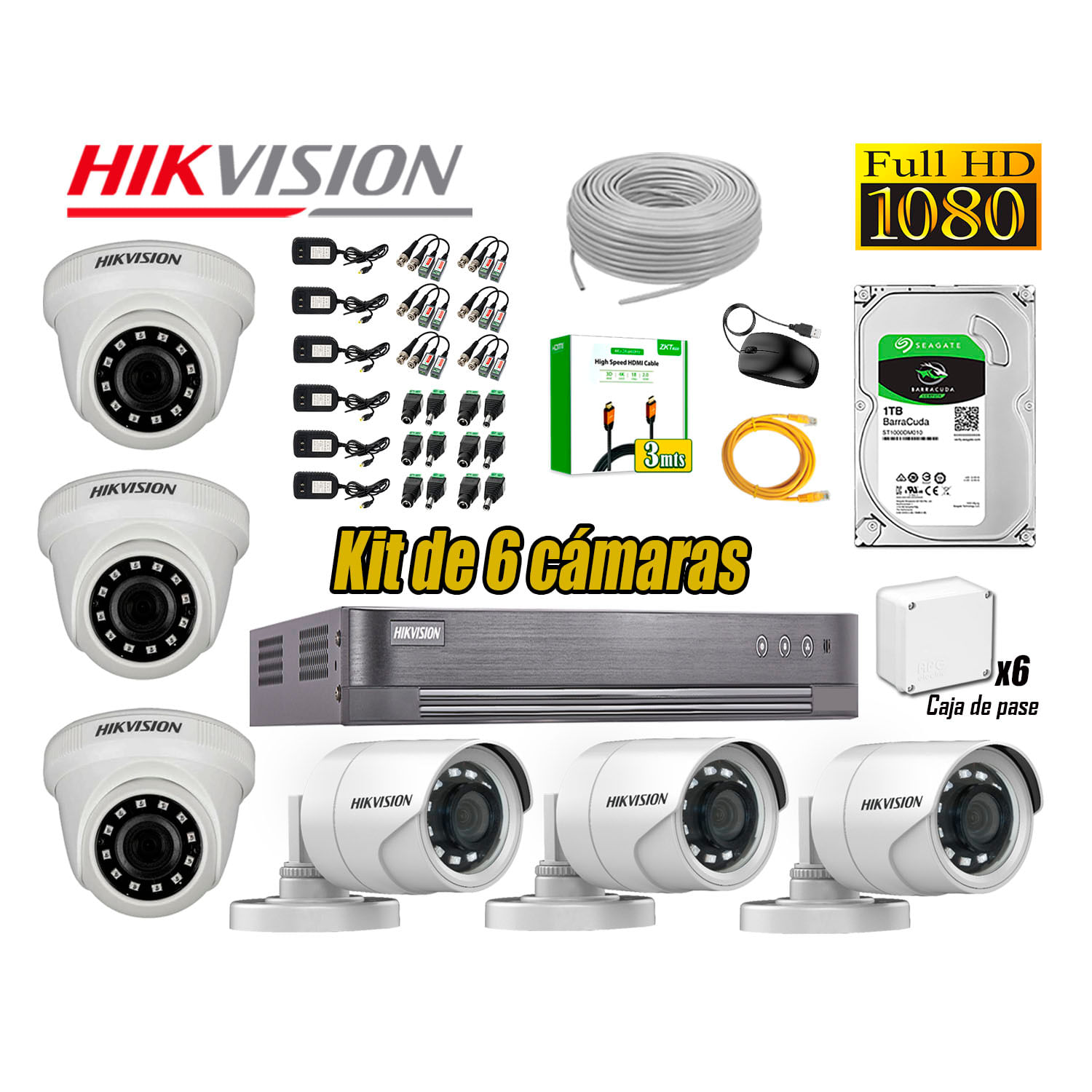 Kit 6 Cámaras de Seguridad Hikvision 1080P Full Hd Disco 1TB HDMI 3M
