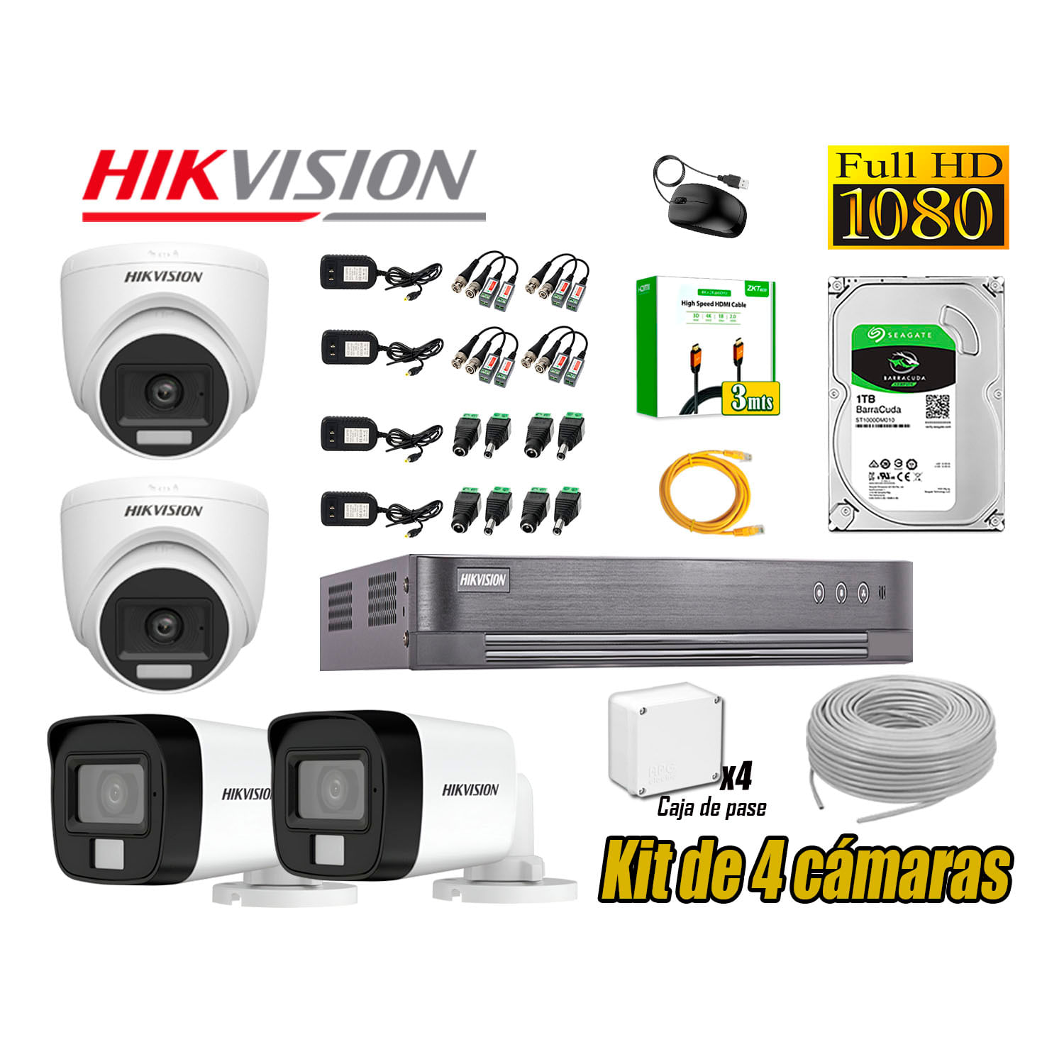 Cámara Seguridad Kit 4 Hikvision Full HD Audio Incorporado Disco 1TB HDMI 3M