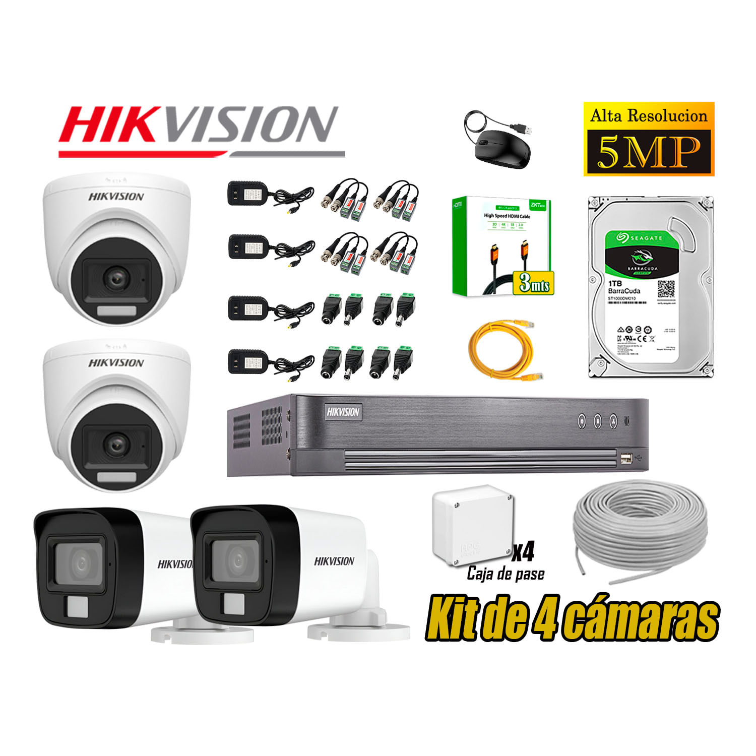 Cámara Seguridad Kit 4 Hikvision 5MP 3K Audio Incorporado Disco 1TB HDMI 3M