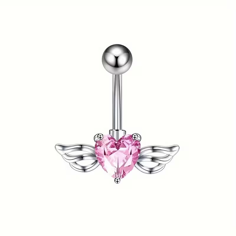 Piercing para ombligo corazón alas de ángel piedrita rosada
