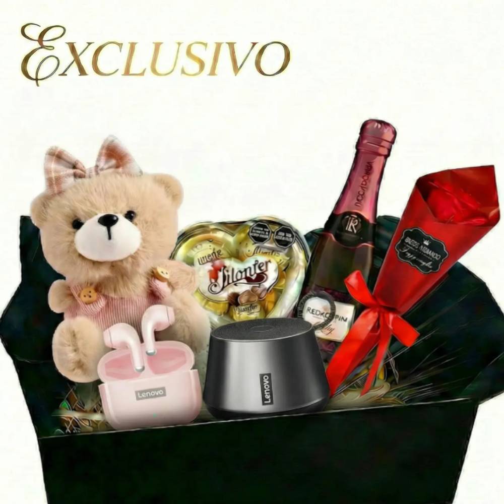 Box Exclusivo Rosado Lenovo Audífonos LP40 Pro + Parlante K3 Pro + Champagne + Chocolates + Oso + Ro