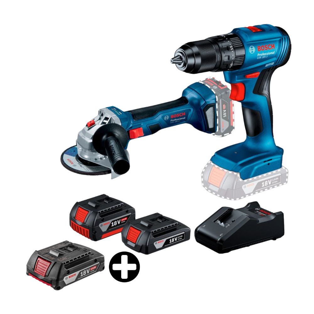 COMBO Bosch: Taladro percutor inalámbrico 1/2"" 18V GSB185-LI + Amoladora GWS180-LI 18V + Batería iones de litio GBA 18V 2,0AH
