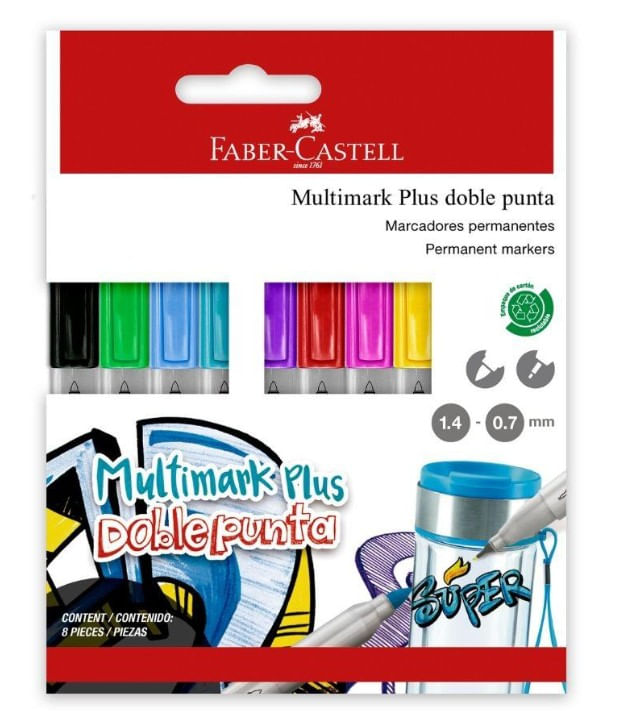 PLUMON INDELEBLE DELGADO FABER CASTELL MULTIMARK PLUS DOBLE PUNTA X 8 UND
