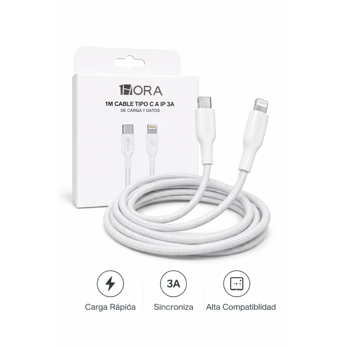 Cable 1HORA Tipo C a iPhone Carga Rápida 3A Reforzado 1m