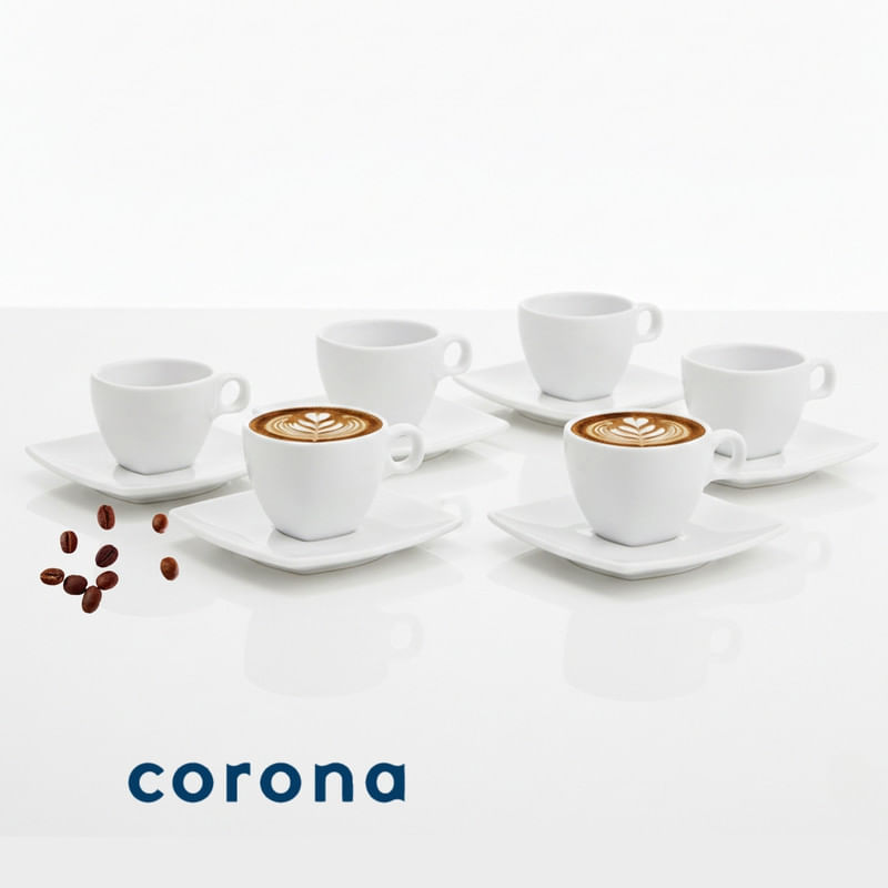 Set 12 Tazas de Porcelana Corona 101ml con Plato Cuadrado
