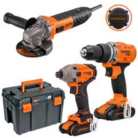 COMBO TALADRO PERCUTOR, ATORNILLADOR DE IMPACTO 220Nm BRUSHLES 20V Y AMOLADORA ERGO TRUPER PRO