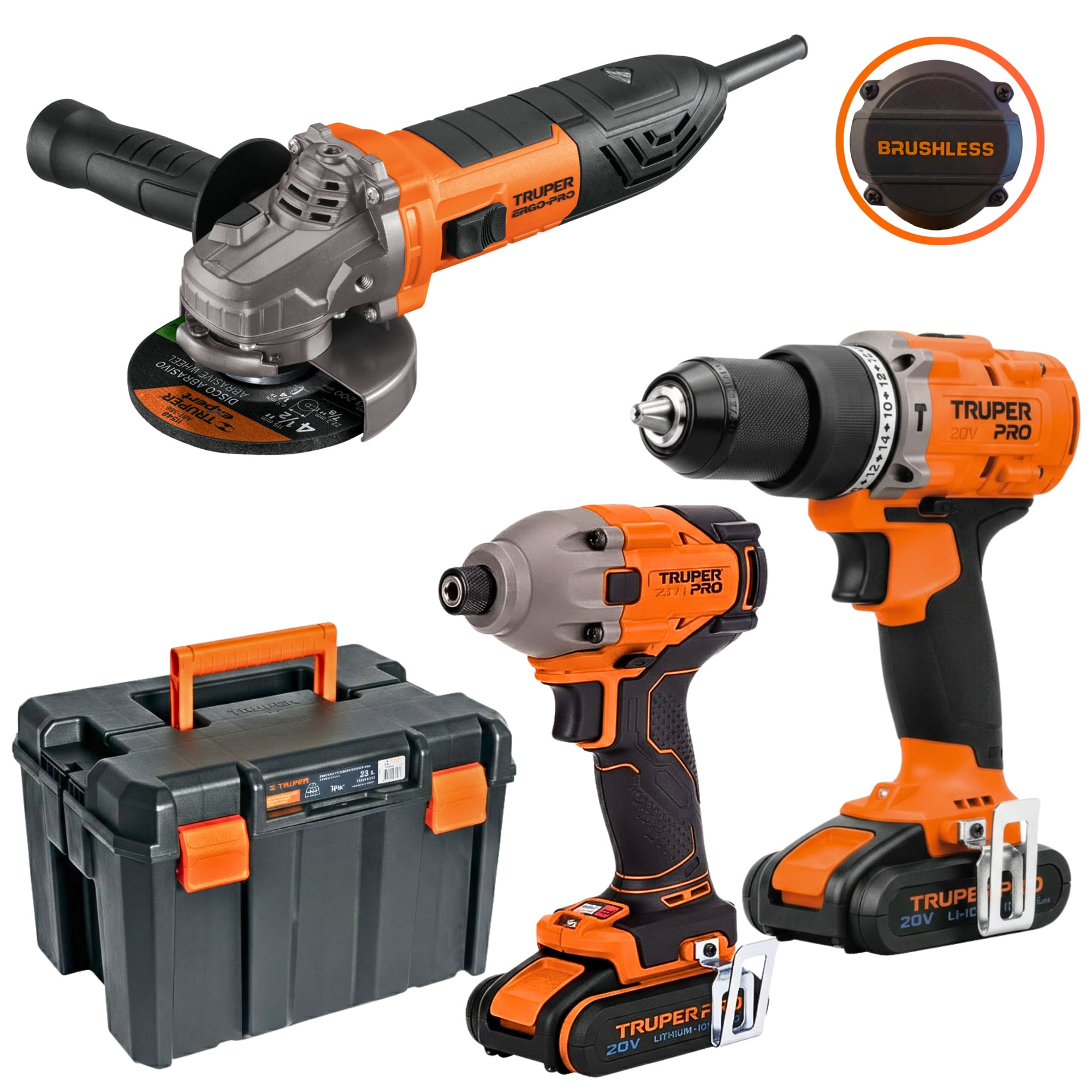 COMBO TALADRO PERCUTOR, ATORNILLADOR DE IMPACTO 220Nm BRUSHLES 20V Y AMOLADORA ERGO TRUPER PRO