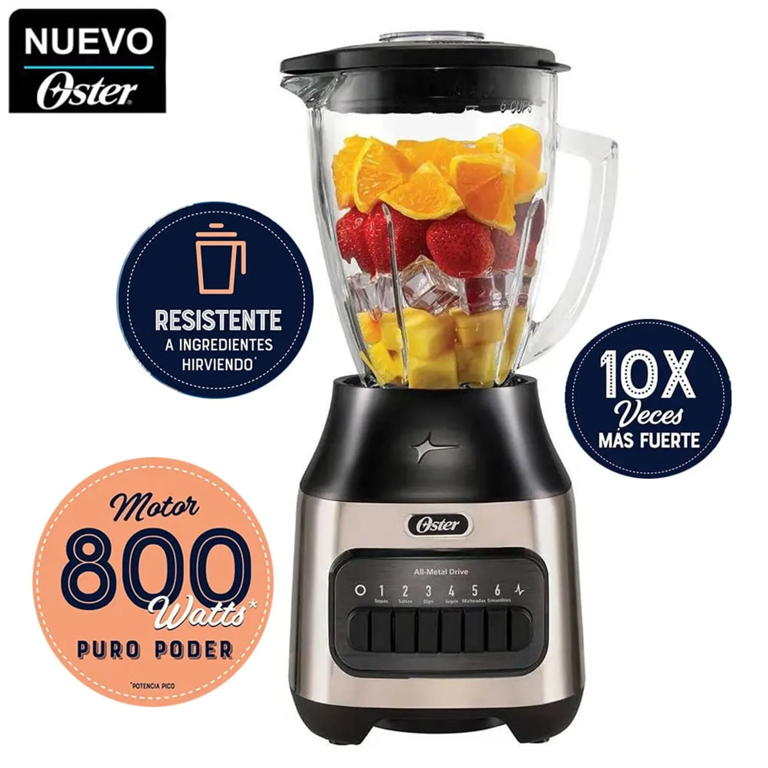 Licuadora vaso de vidrio y 6 velocidades mas pulso Oster BLSTPEG-NPB