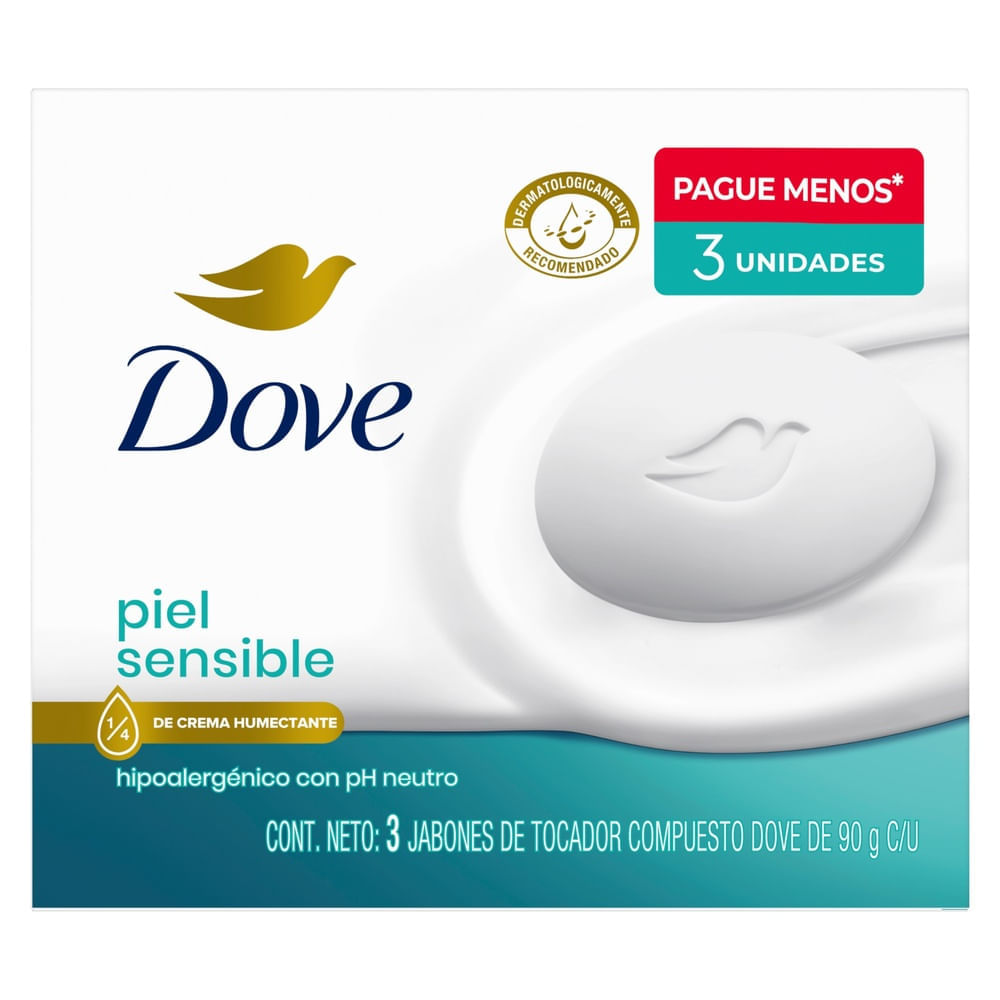 Jabón de Tocador DOVE para piel sensible Bolsa 90g Paquete 3un