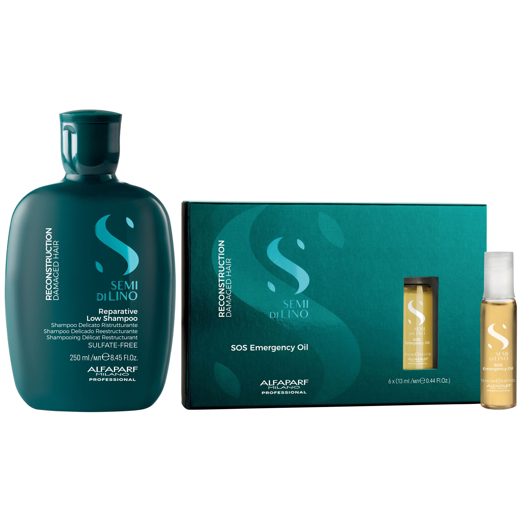 Shampoo Reparador Sin Sal 250ml + Ampollas SOS Alfaparf Reconstruction