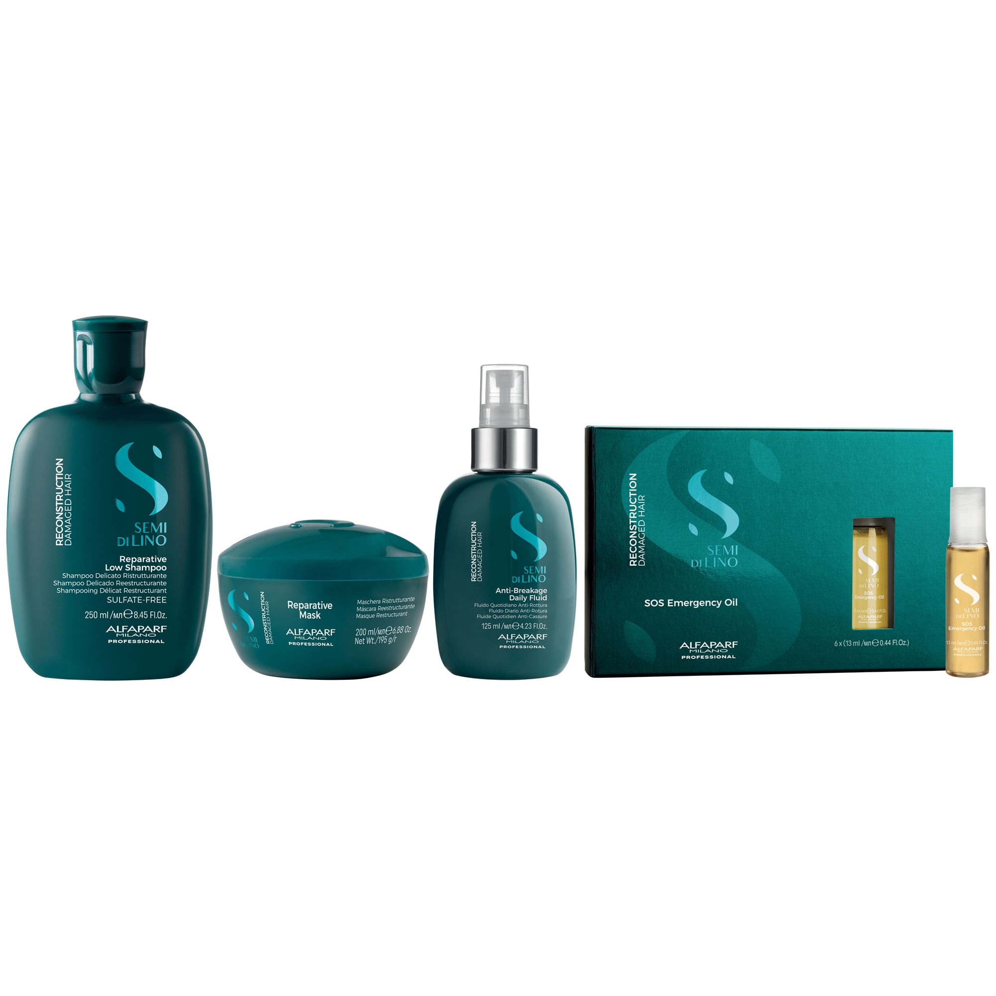 Shampoo 250ml + Mascarilla+ Spray+ Ampolla SOS Alfaparf Reconstruction