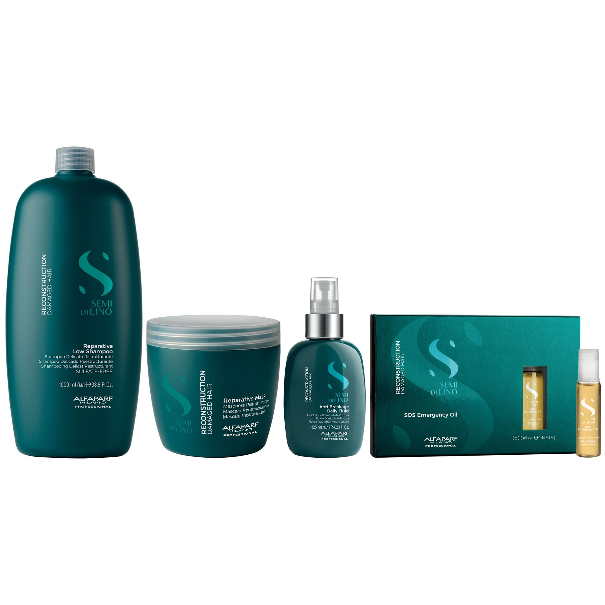 Shampoo 1000ml+ Mascarilla+ Spray+ Ampolla SOS Alfaparf Reconstruction