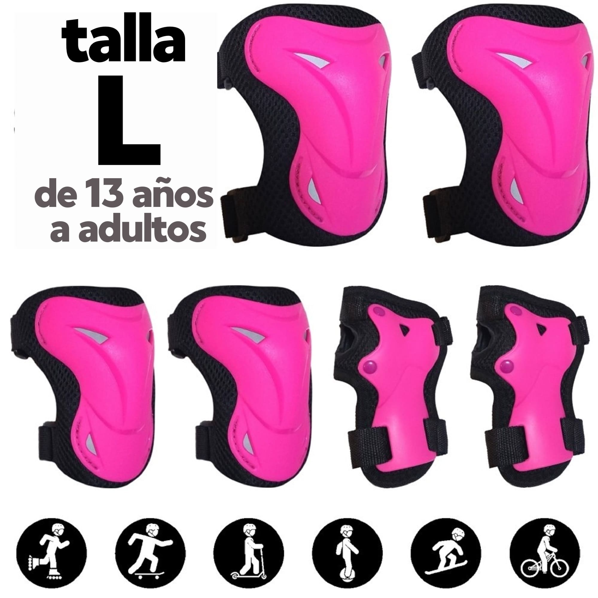 Kit Protección Fucsia Talla L para Patines Skate Scooter incluye Rodilleras Coderas Muñequeras
