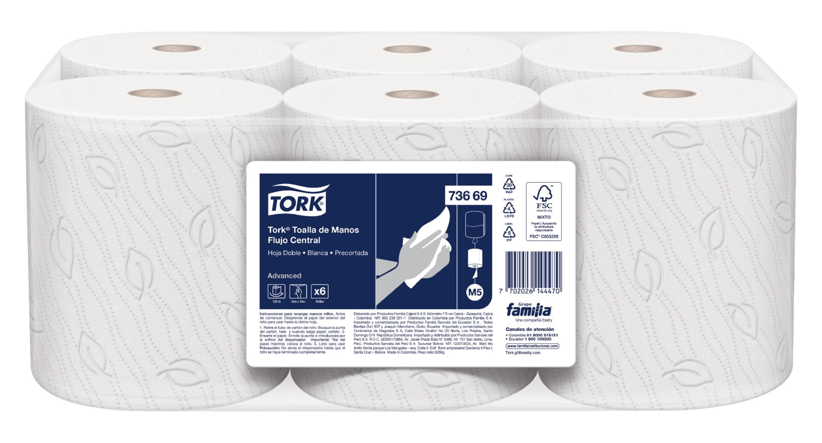 Papel Toalla en Rollo Precortada Hoja Doble Tork Blanco 6 x 120 mts