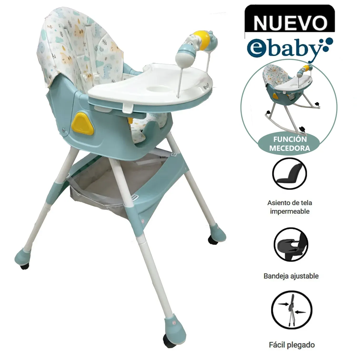 Silla de Comer para bebé Asiento Reclinable con Ruedas DALI Verde
