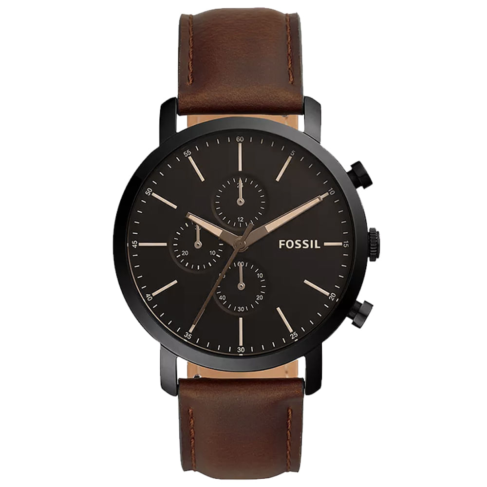Reloj Fossil Luther BQ2461 Cronómetro Acero Inoxidable Negro Correa de Cuero Marrón