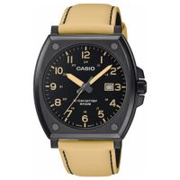 Reloj Casio MTP-E715L-5AV Fecha Acero Inoxidable Negro Correa de Cuero Beige