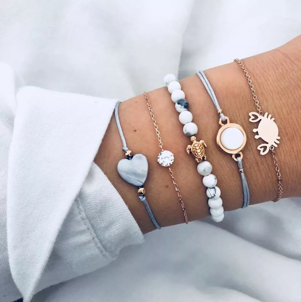 Set x 5 pulseras para mujer corazón tortuga cangrejo