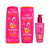 Pack ELVIVE Dream Liso Shampoo Frasco 370ml + Acondicionador ELVIVE Botella 370ml + Tratamiento Serúm Capilar Frasco 100ml