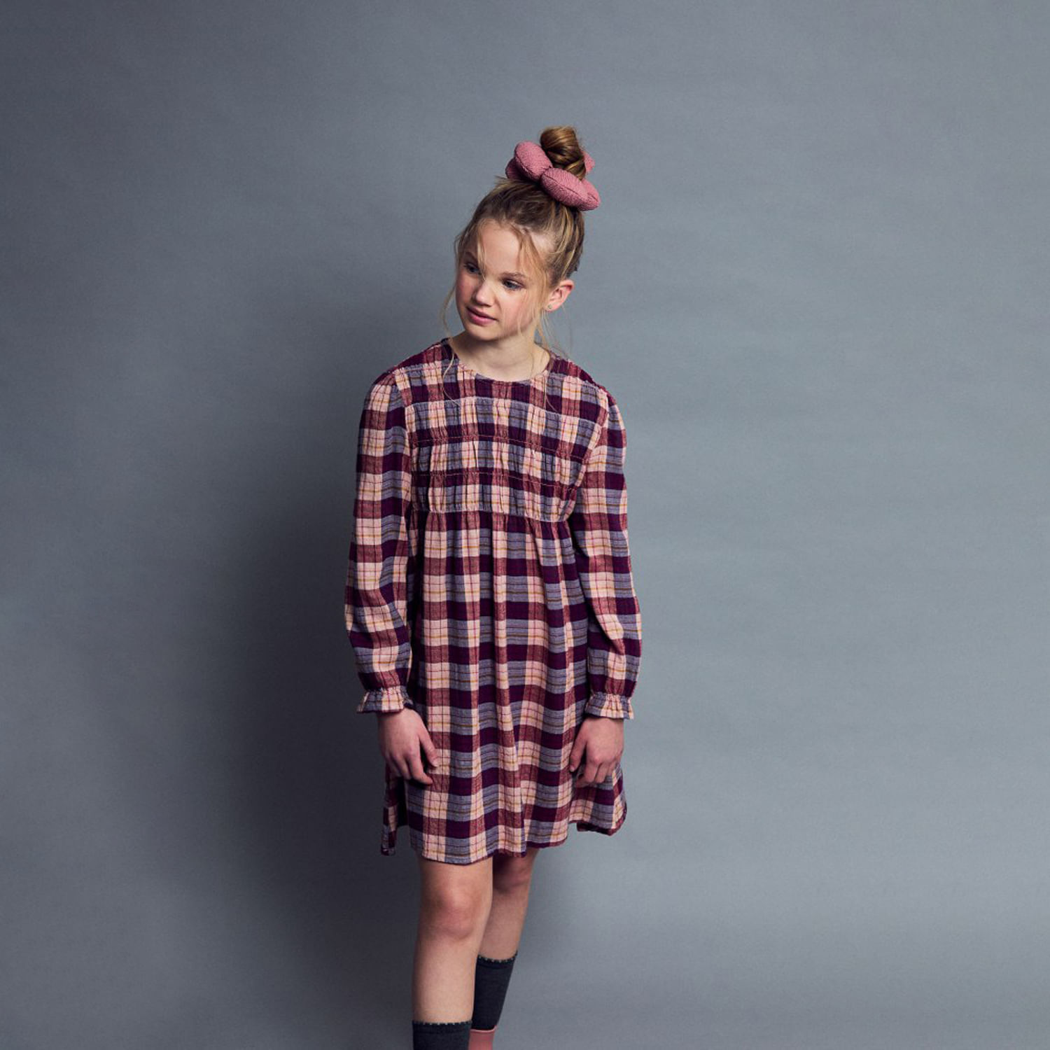 Vestido Niña Sfera De Cuadros Con Smock Palo Rosa Oscuro