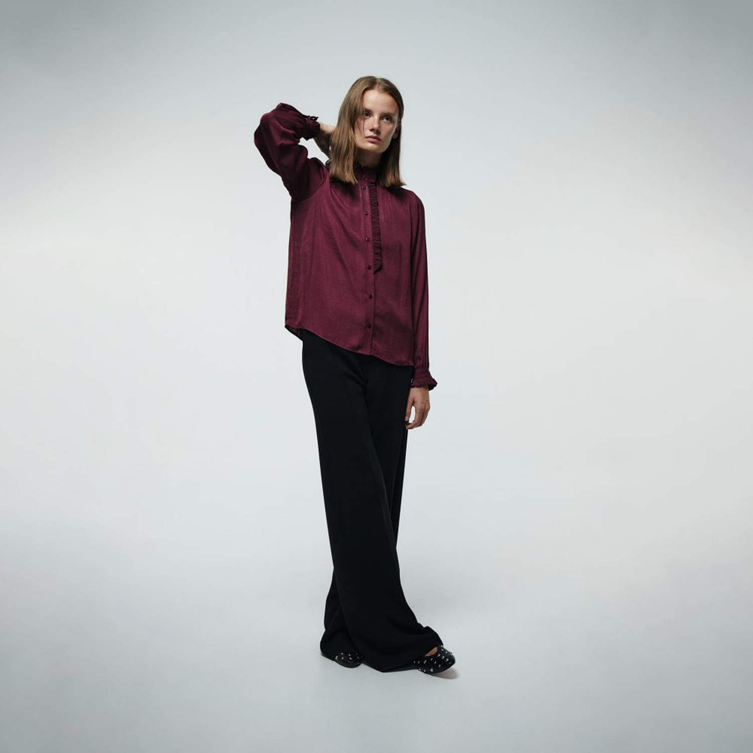 Blusa Mujer Sfera Volante Fruncido Burdeos