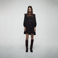 Vestido Corto Mujer Sfera Mini Pechera Bordados Negro