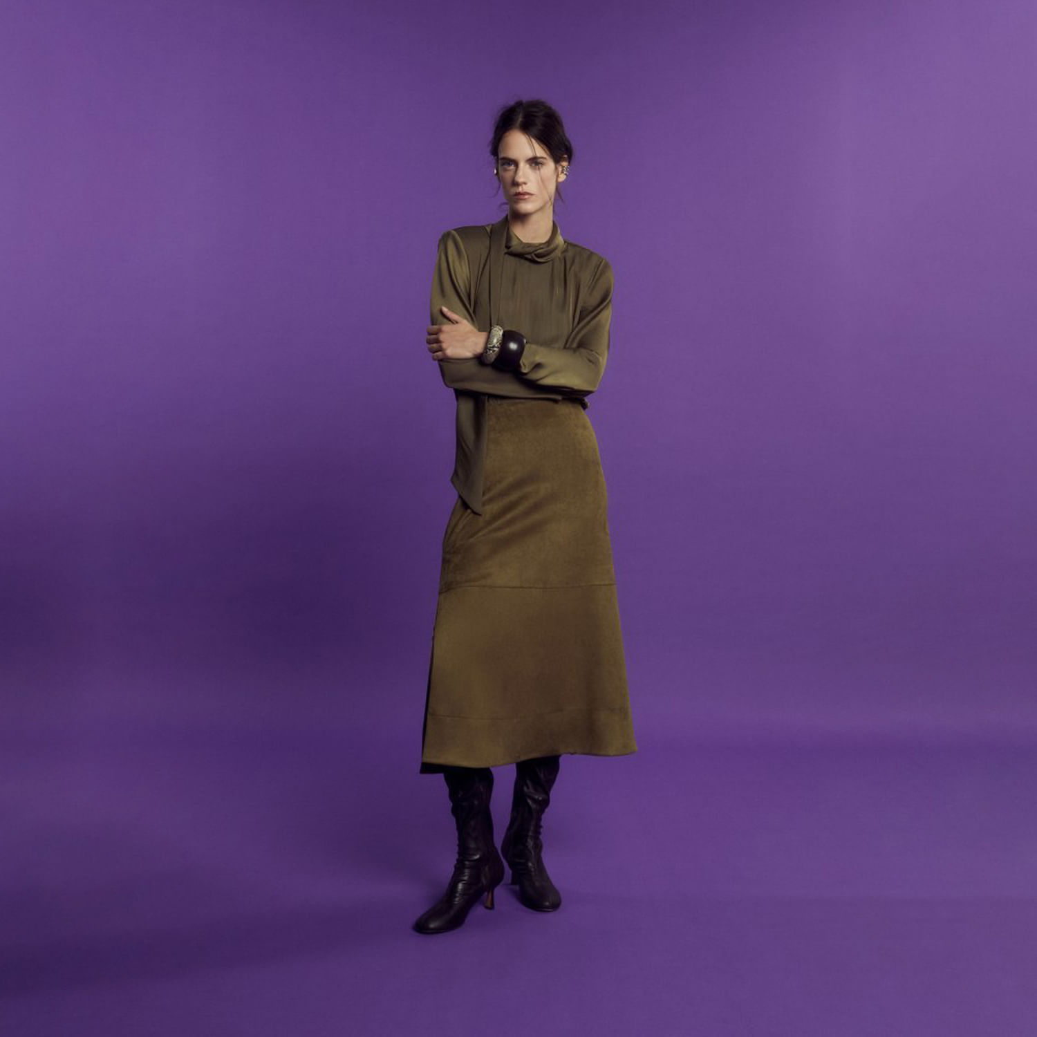 Blusa Mujer Sfera Top Satinado Hombrera Khaki