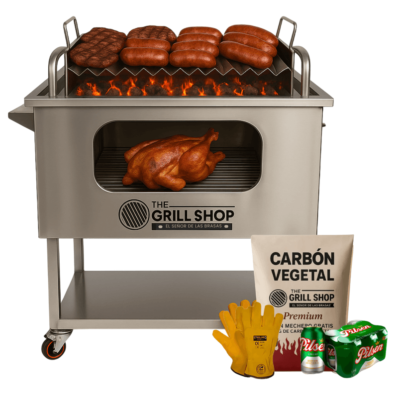 Caja China Grande Inoxidable Visor + Guantes + Carbón + Cerveza