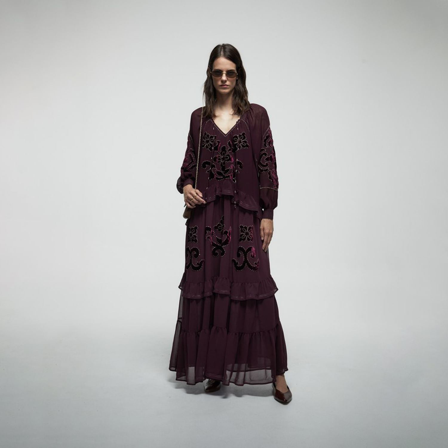 Vestido Largo Mujer Sfera Largo Bordados Terciop Beren Berenjena