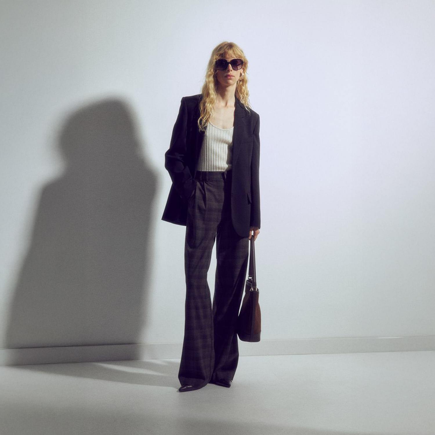 Pantalón Mujer Sfera Ancho Cuadros Gris