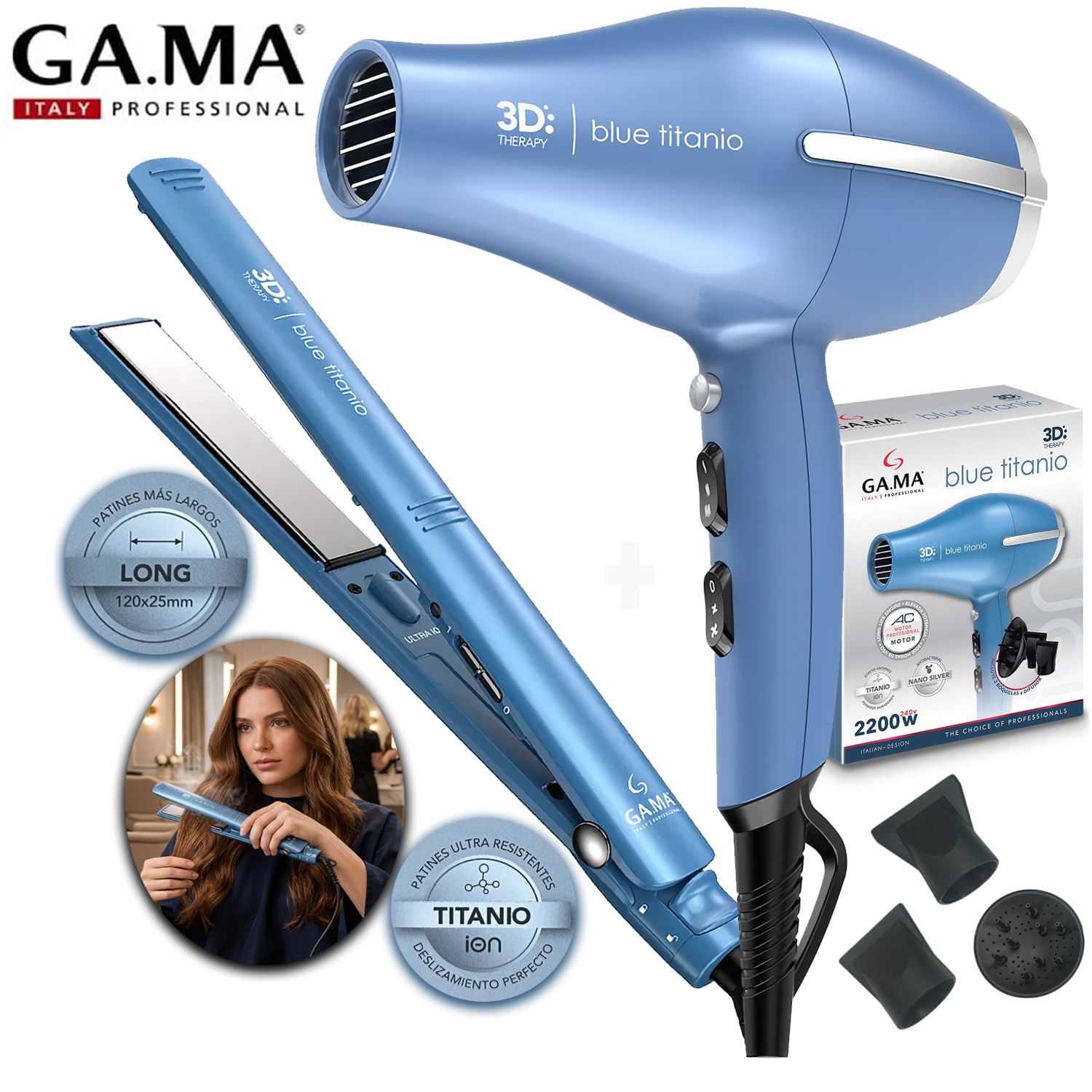 Combo GAMA Secadora Titanio 3D Therapy Anti-Frizz 2901 +Plancha Alisador 3D Titanio 2426