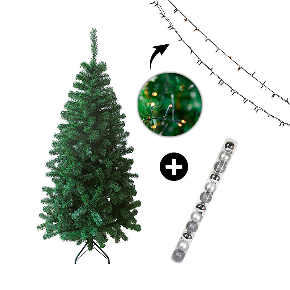 COMBO Árbol navidad 180cm 580 ramas + Luces Arroz Blanco x100 luces + Tubo x 12 bolas plateadas 6cm