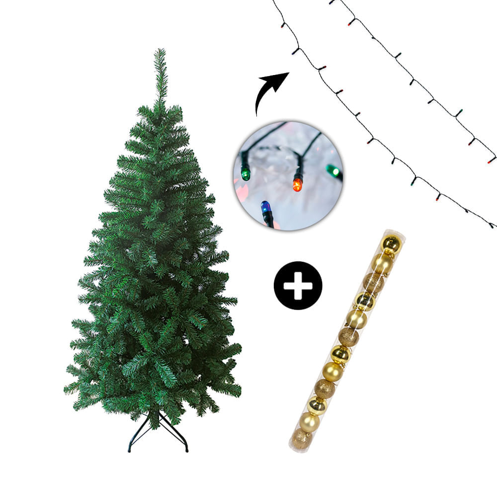 COMBO Árbol navidad 180cm 580 ramas + Luces Arroz Multicolor x100 luces + Tubo x 12 bolas doradas 6cm