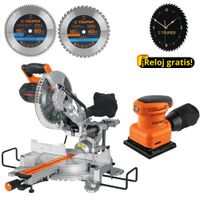 Combo Sierra ingleteadora telescópica 1800W 2 discos, lijadora orbital