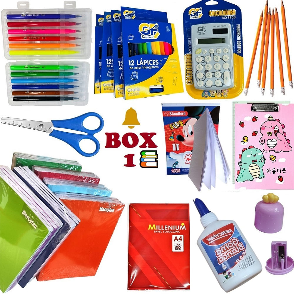 BOX 5 - Cuadernos lapices plumones tijeras pinturas y otros