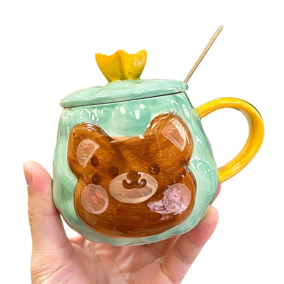 Taza Con Tapa y Cuchara Diseños De Osos Kawaii Verde