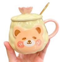 Taza Con Tapa y Cuchara Diseños De Osos Kawaii Beige