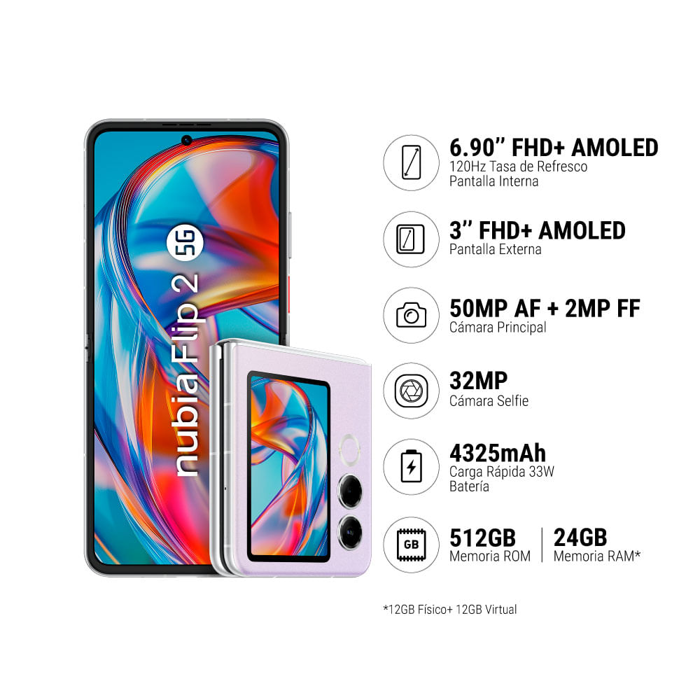 Smartphone ZTE Nubia Flip 2 512GB+12GB 5G Purpura