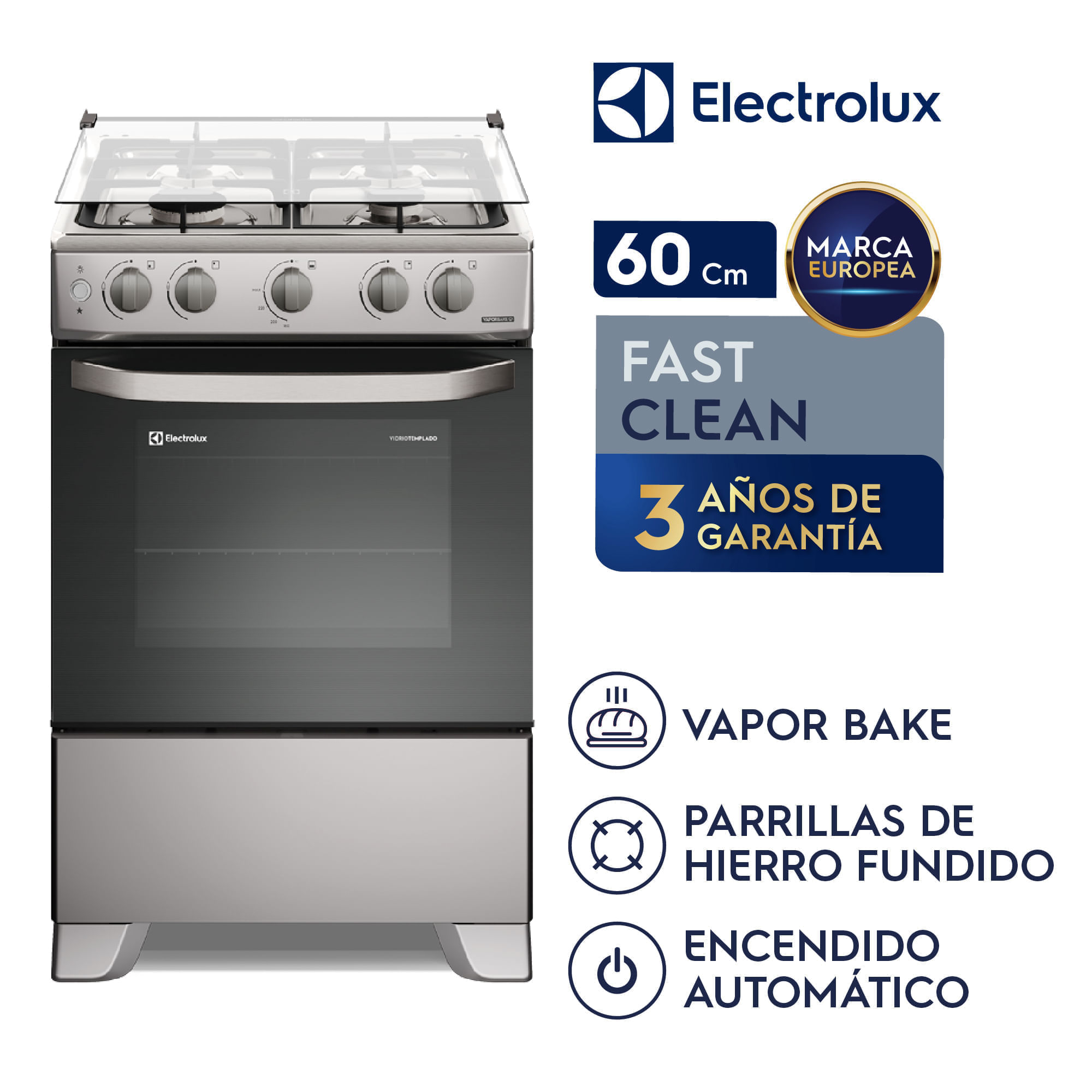 Cocina Electrolux 4 quemadores Efficient VaporBake y Parrillas Hierro Fundido Silver FE4OSR