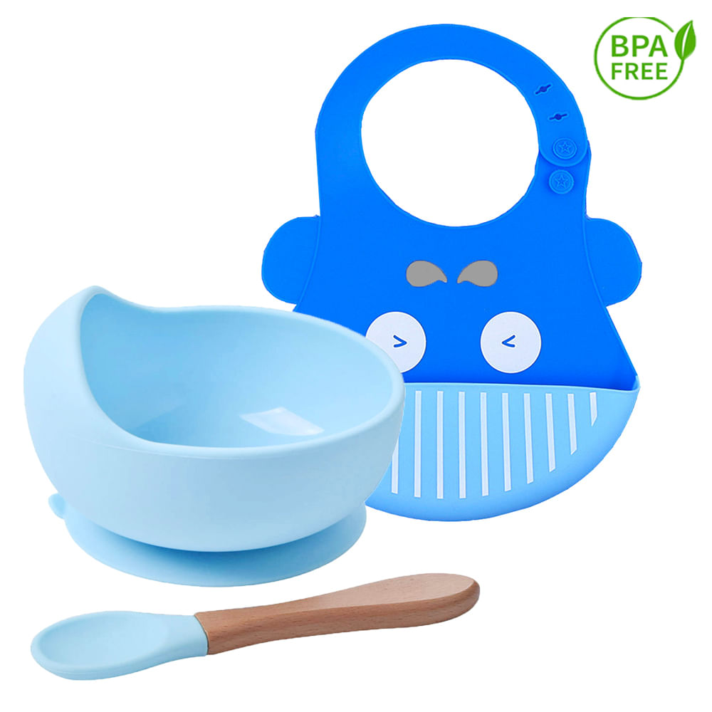 Pack Babero Ballena con Cuenco de silicona celeste con cuchara Baby Froggie para bebe