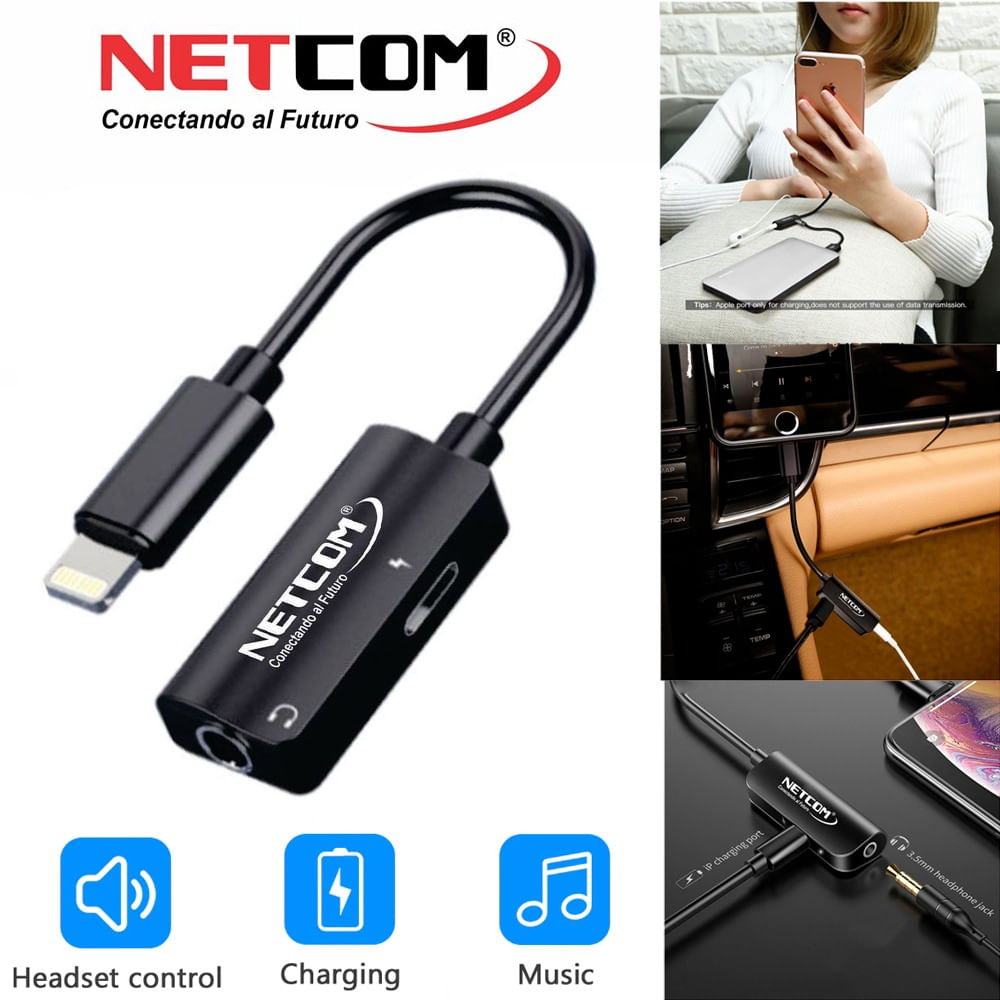 cable Adaptador 2 en 1 LIGHTNING a JACK 3.5mm Netcom iPhone audio y Carga