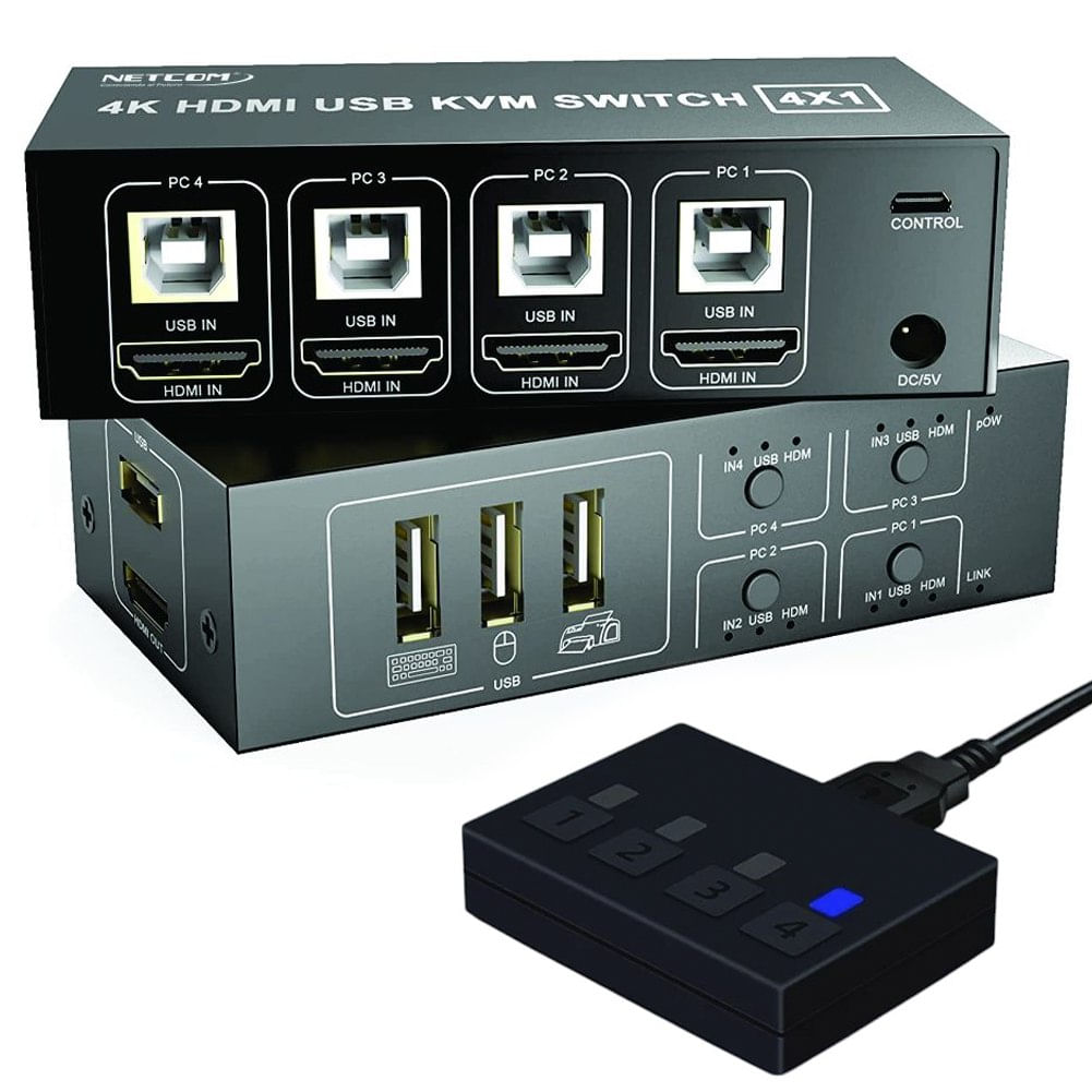 Conmutador Kvm HDMI SWITCH 4 X 1 4K 60Hz NETCOM 4 puertos USB