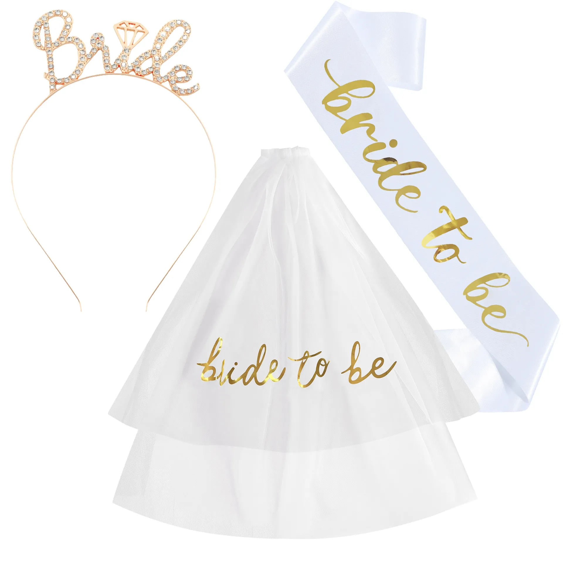Set x 3 accesorios dorado vincha, banda y velo para la novia bride to be despedida de soltera