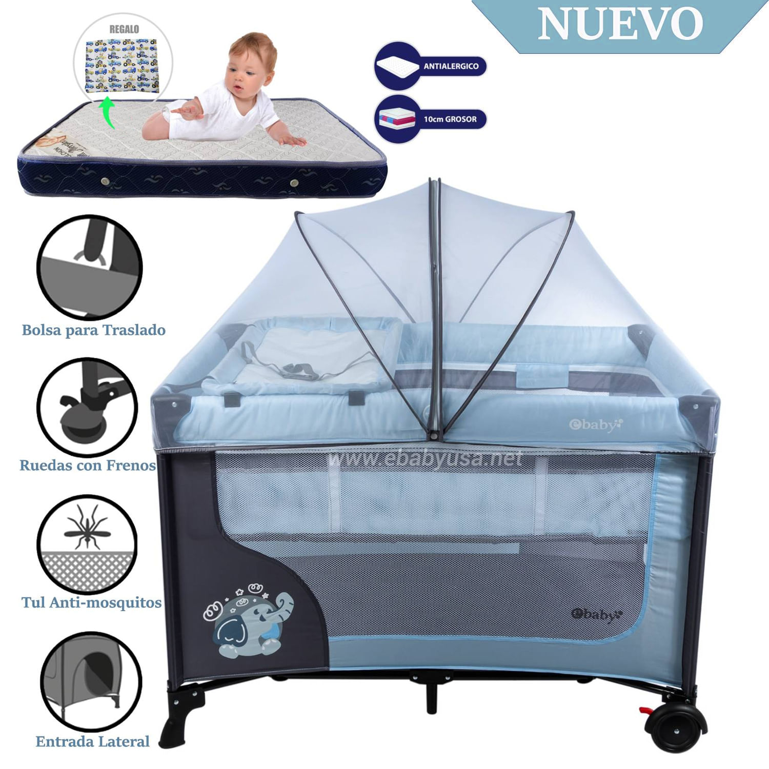 Cuna Corral Ebaby con Cambiador Happy Dream Celeste + Colchón