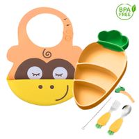 Pack Babero Monito y Set Plato Zanahoria Amarillo para bebe